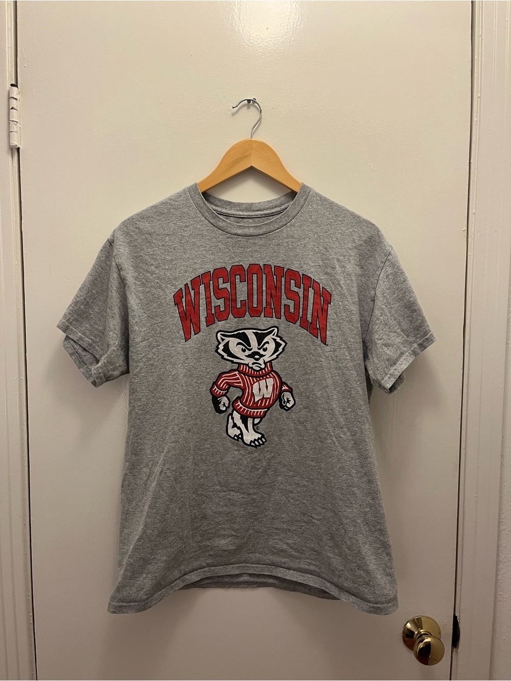 Vintage Wisconsin Grey Mascot Tee with Red Logo